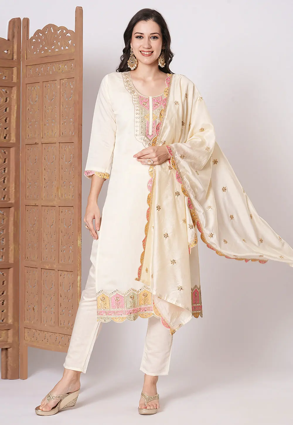 Cream Viscose Readymade Pant Style Suit 299695