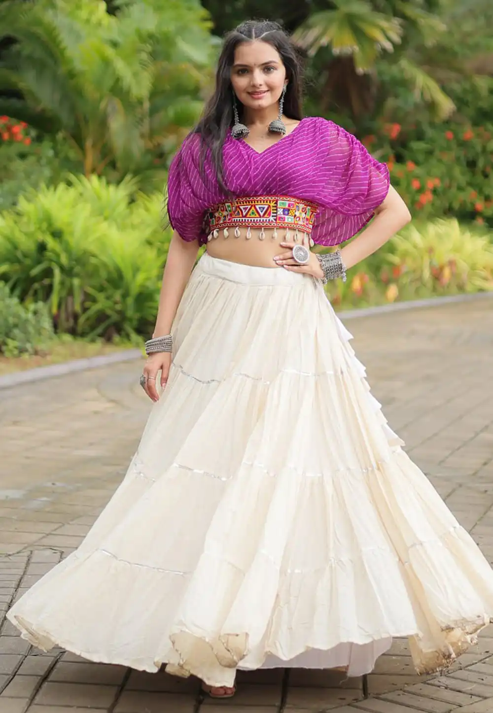 Cream and Purple Cotton Navratri Chaniya Choli 293608