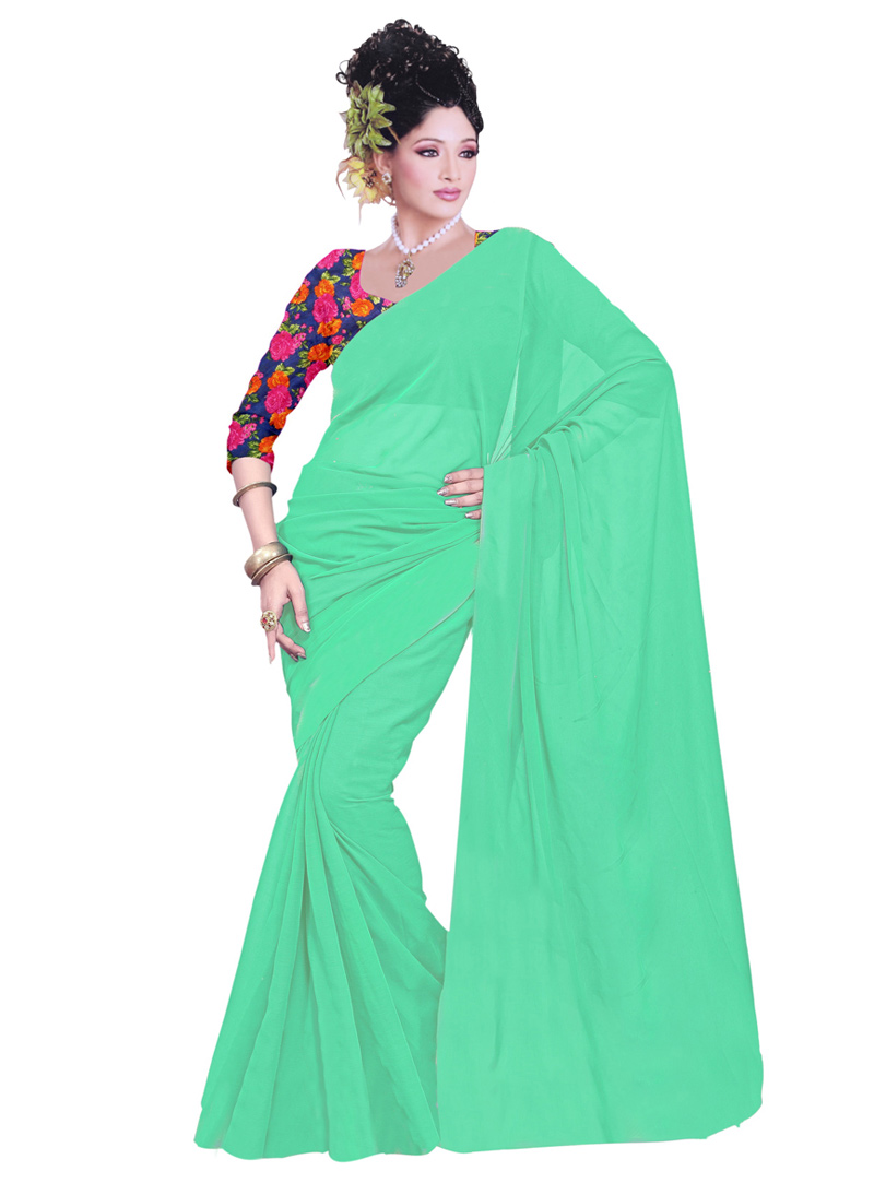 Mint Green Chiffon Saree With Blouse 67725