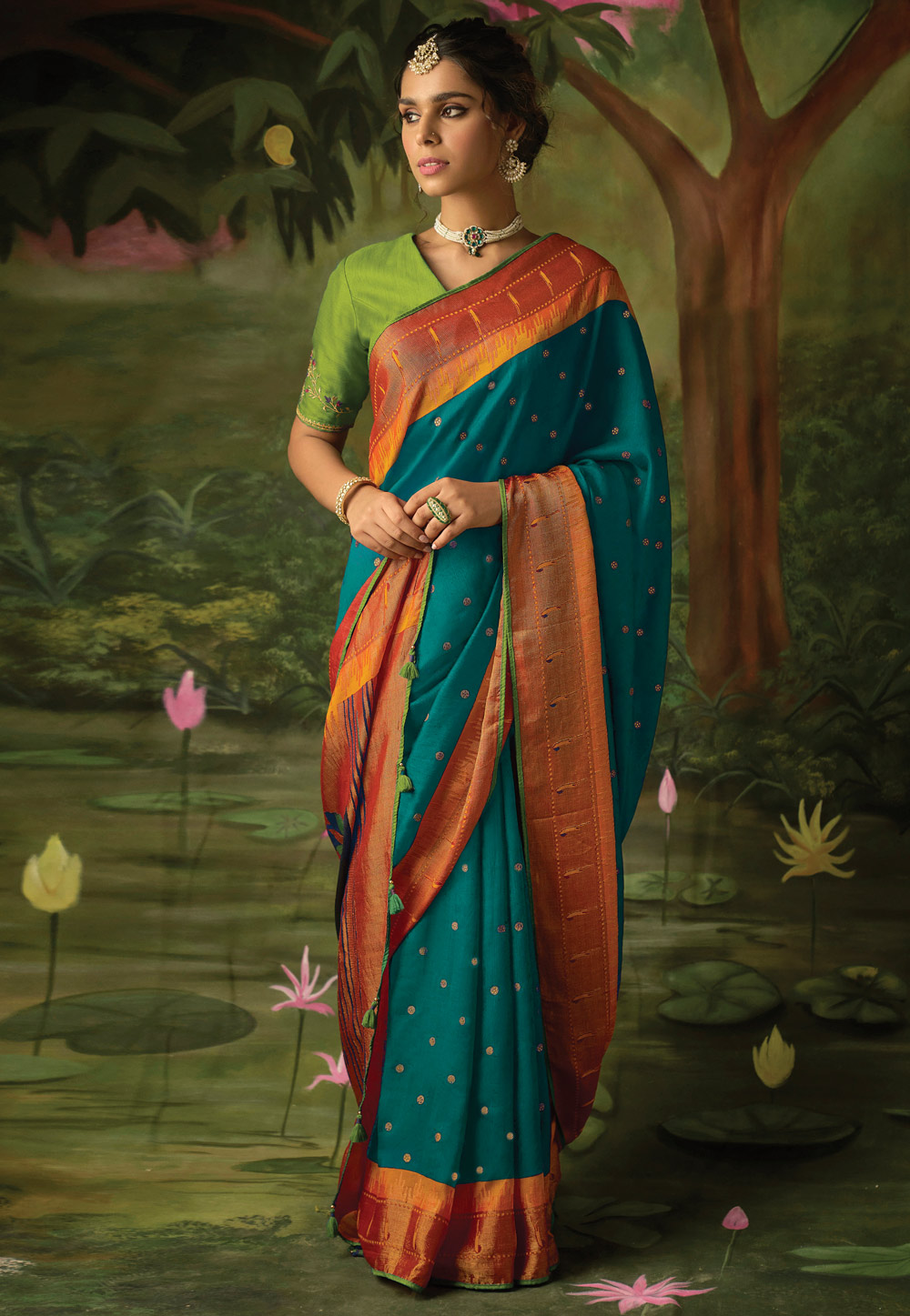 Teal Brasso Saree With Blouse 250854