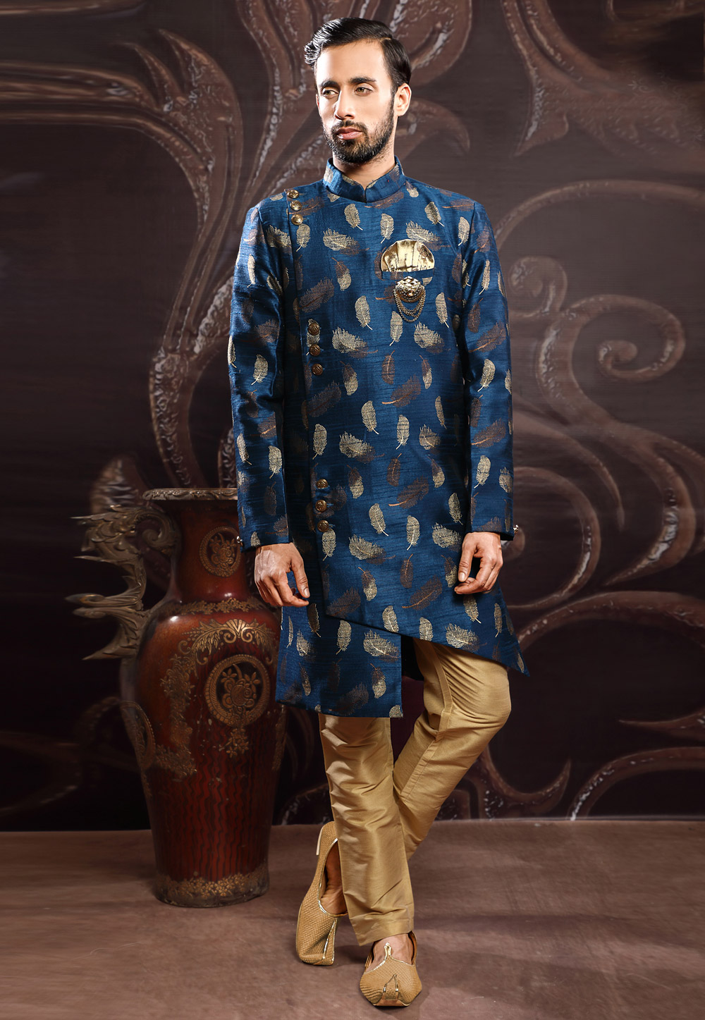 Blue Art Silk Readymade Indo Western Suit 200755
