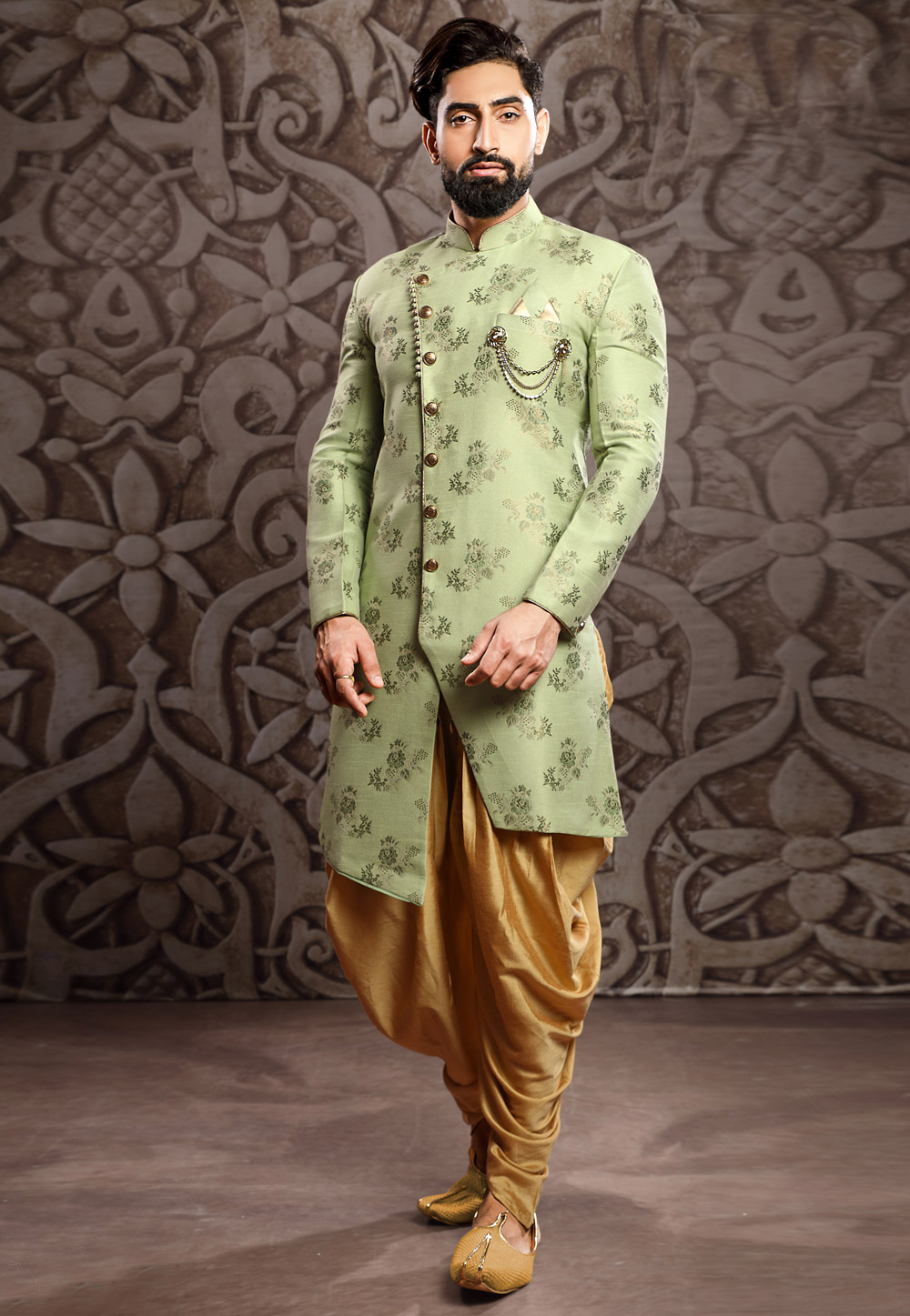 Light Green Art Silk Readymade Indo Western Suit 200758