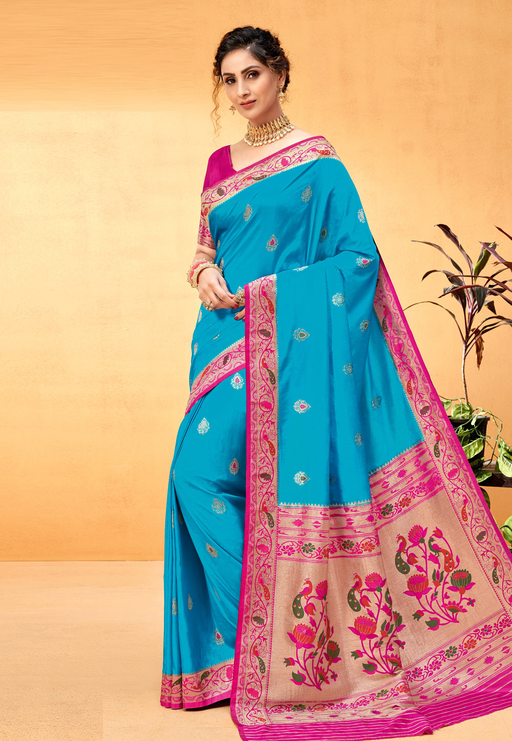 Turquoise Art Silk Paithani Saree With Blouse 225499