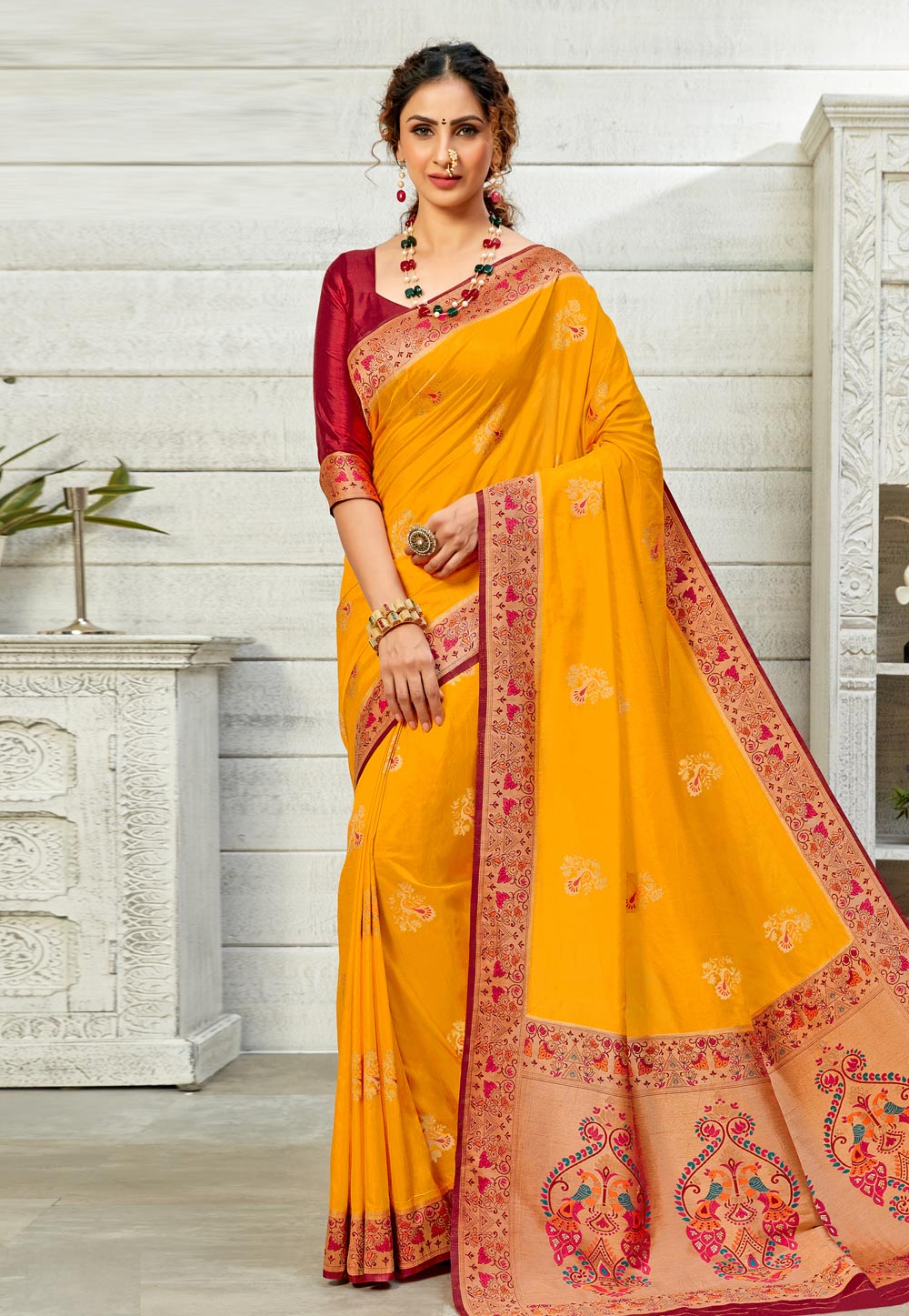 Yellow Art Silk Paithani Saree 223175