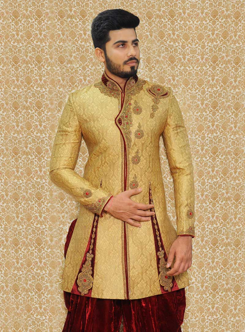 Golden Art Silk Readymade Indo Western Sherwani 80654