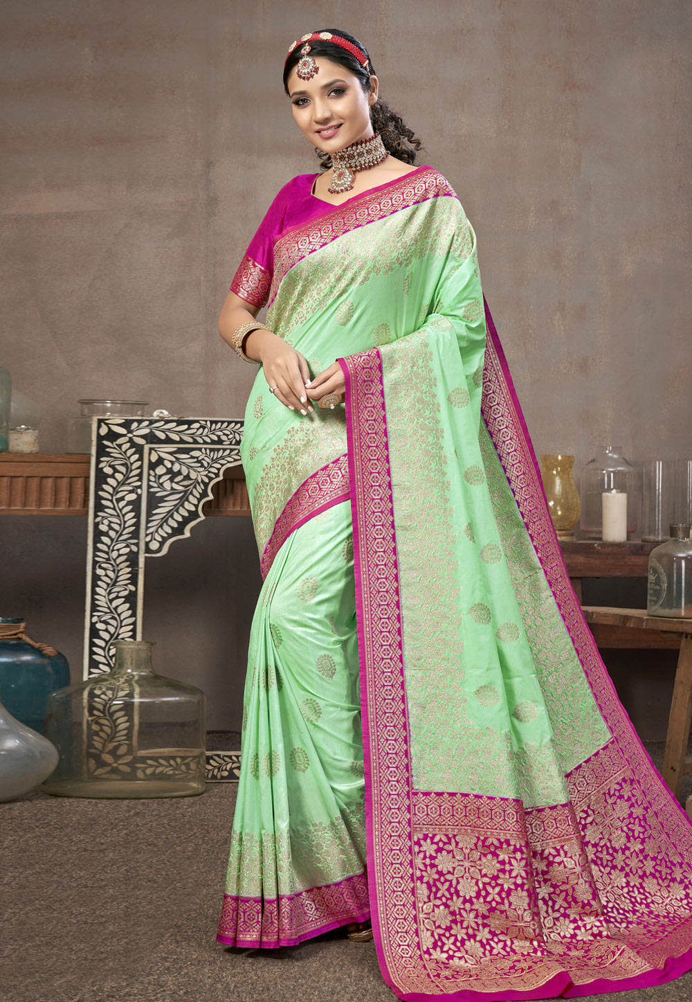 Pista Green Art Silk Saree With Blouse 236789