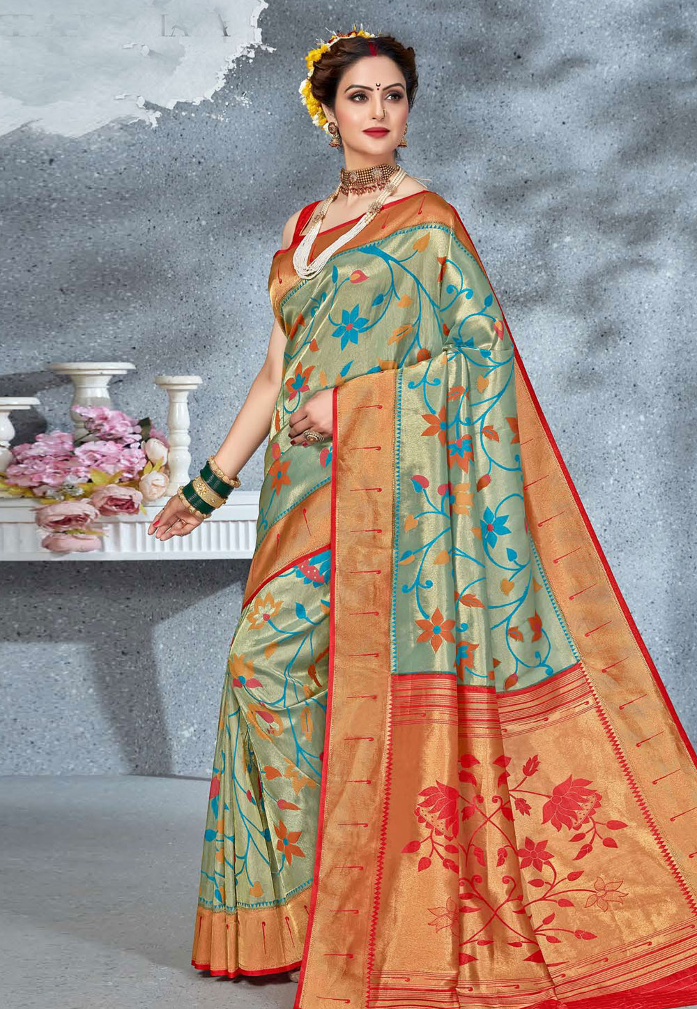 Olive Green Brocade Silk Saree With Blouse 210238