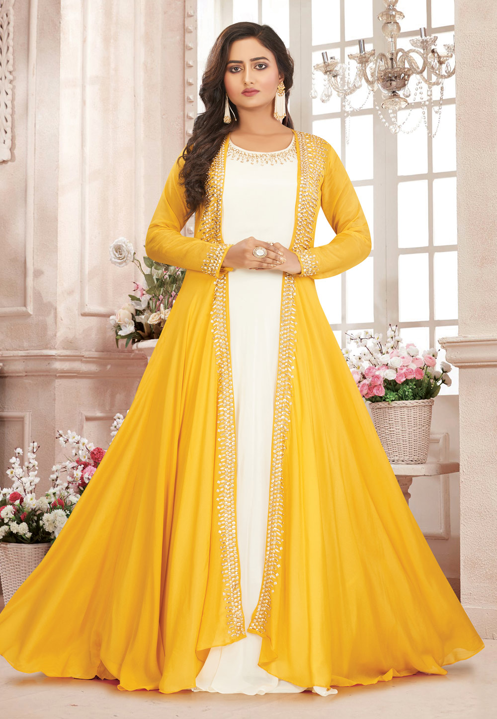 Yellow Chinon Readymade Jacket Style Suit 209388
