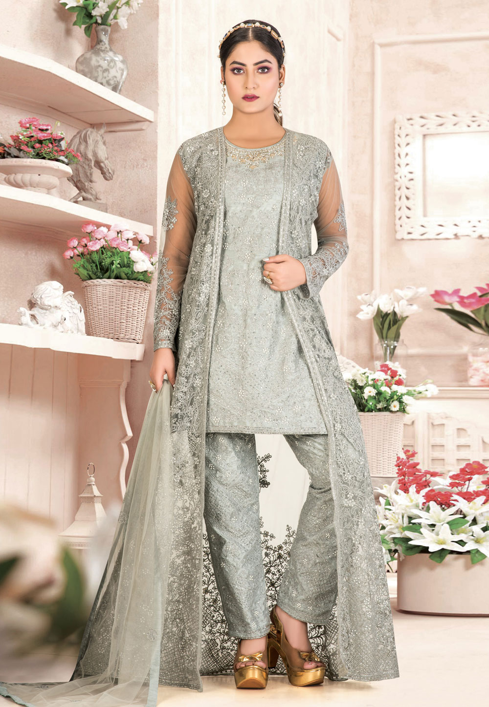 Grey Silk Readymade Pant Style Suit 209391