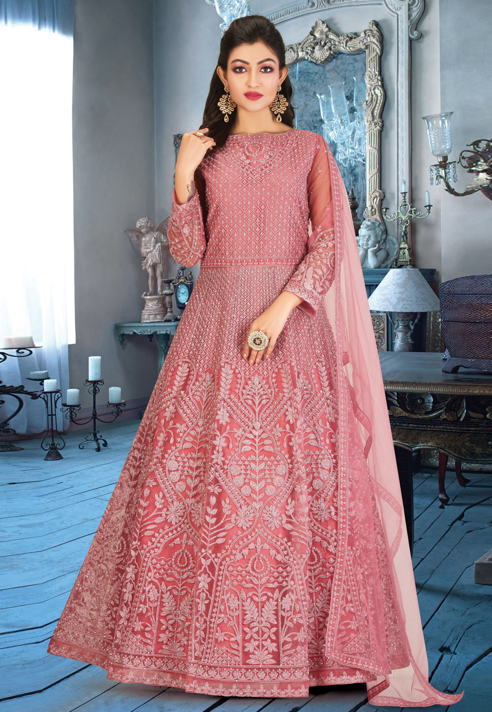 Pink Net Readymade Ankle Length Anarkali Suit 209811