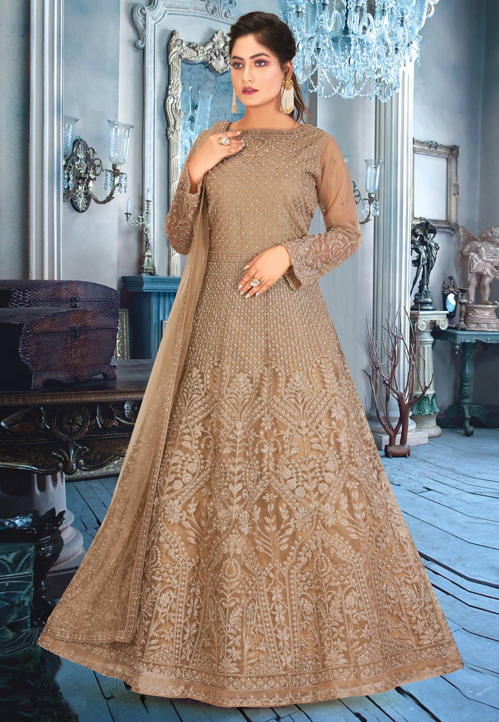 Brown Net Readymade Abaya Style Anarkali Suit 209812