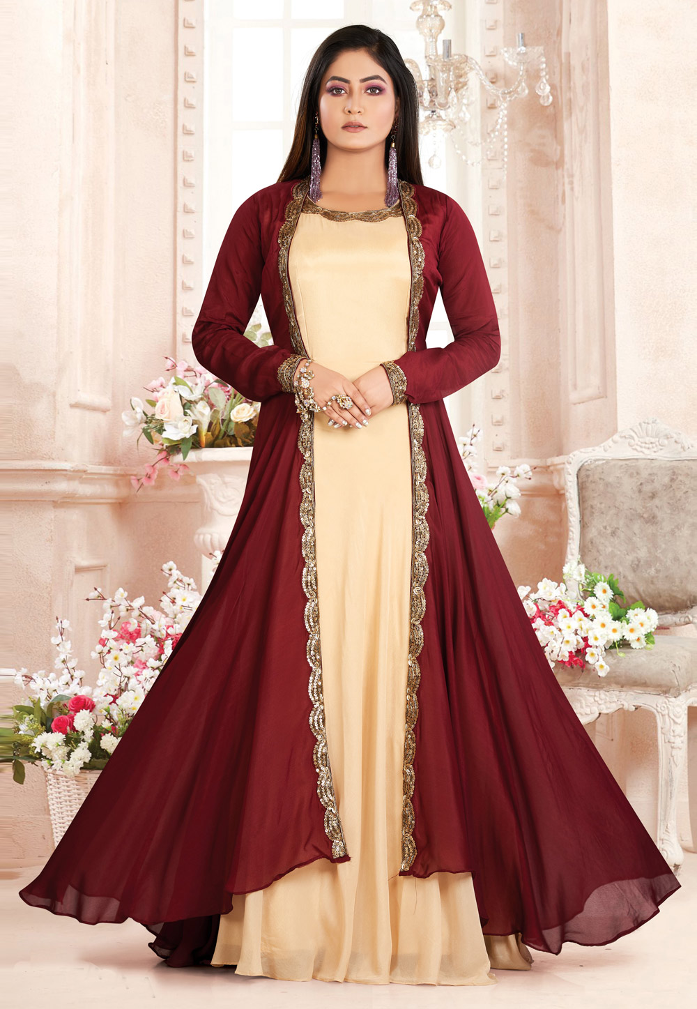 Maroon Chinon Readymade Jacket Style Suit 209392