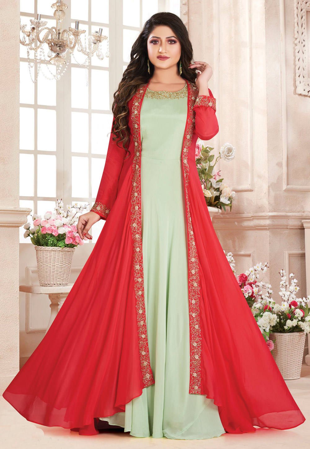 Red Chinon Readymade Jacket Style Suit 209396