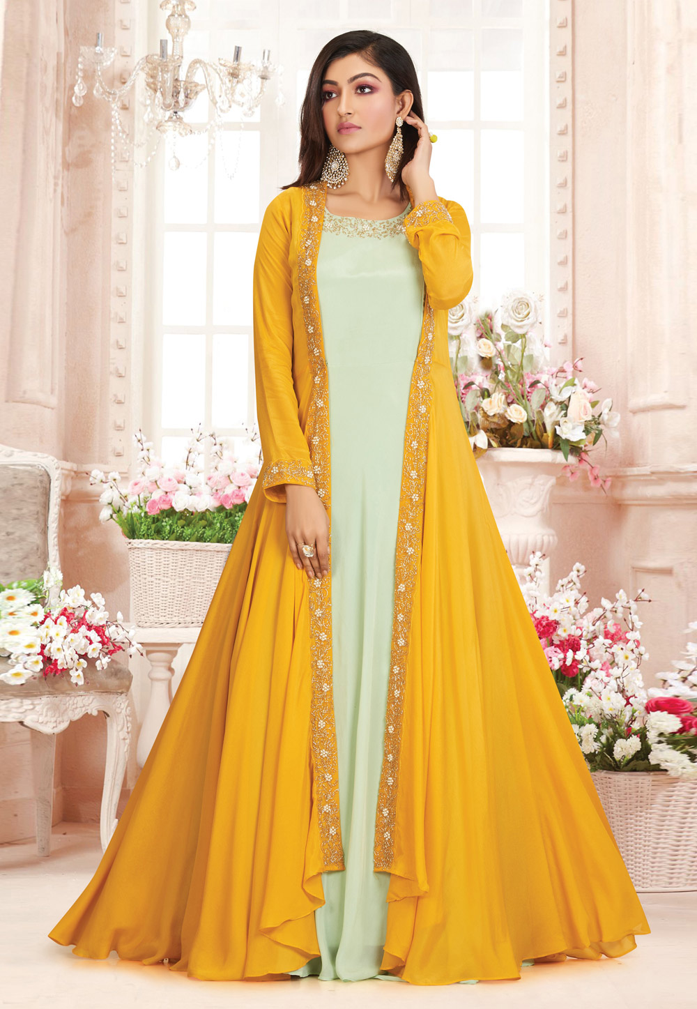 Yellow Chinon Readymade Jacket Style Suit 209397