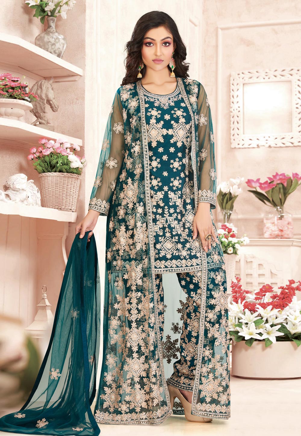 Teal Silk Readymade Pant Style Suit 209398