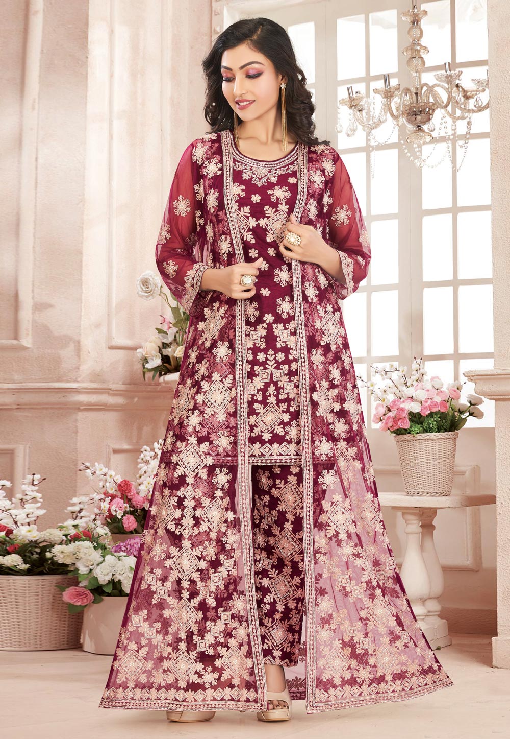 Magenta Silk Readymade Pant Style Suit 209399