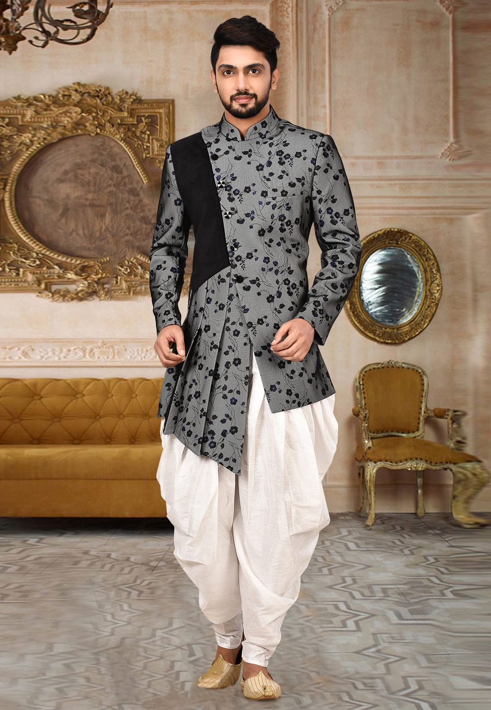 Grey Polyester Readymade Indo Western Suit 202891