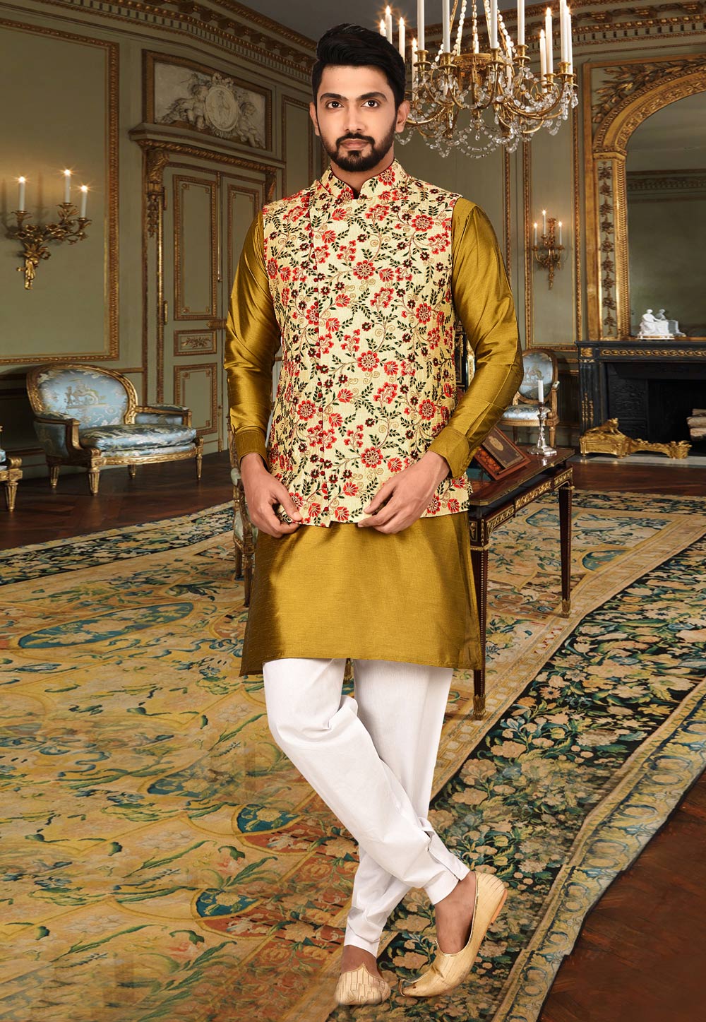Golden Art Silk Readymade Kurta Pajama With Jacket 202904