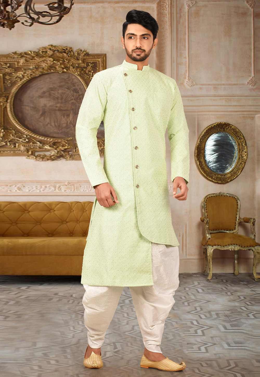 Pista Green Art Silk Readymade Indo Western Dhoti Kurta 210841
