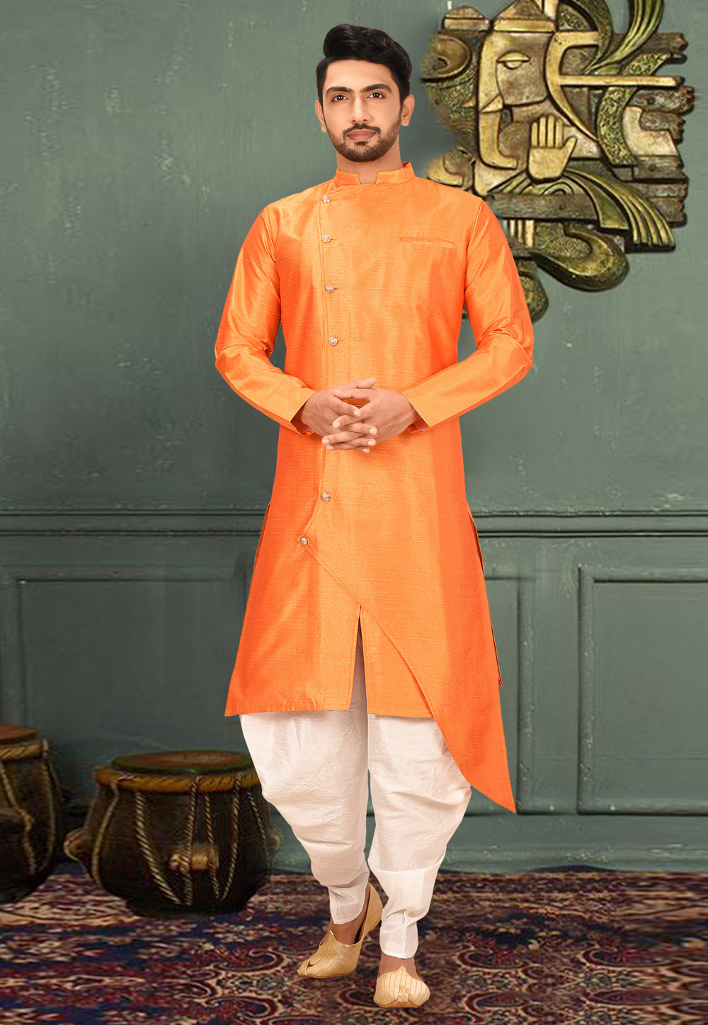 Orange Art Silk Readymade Indo Western Dhoti Kurta 210842