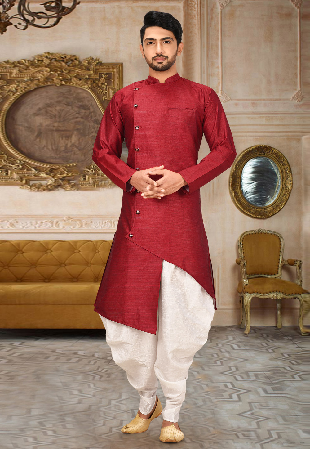 Red Art Silk Readymade Indo Western Dhoti Kurta 210843