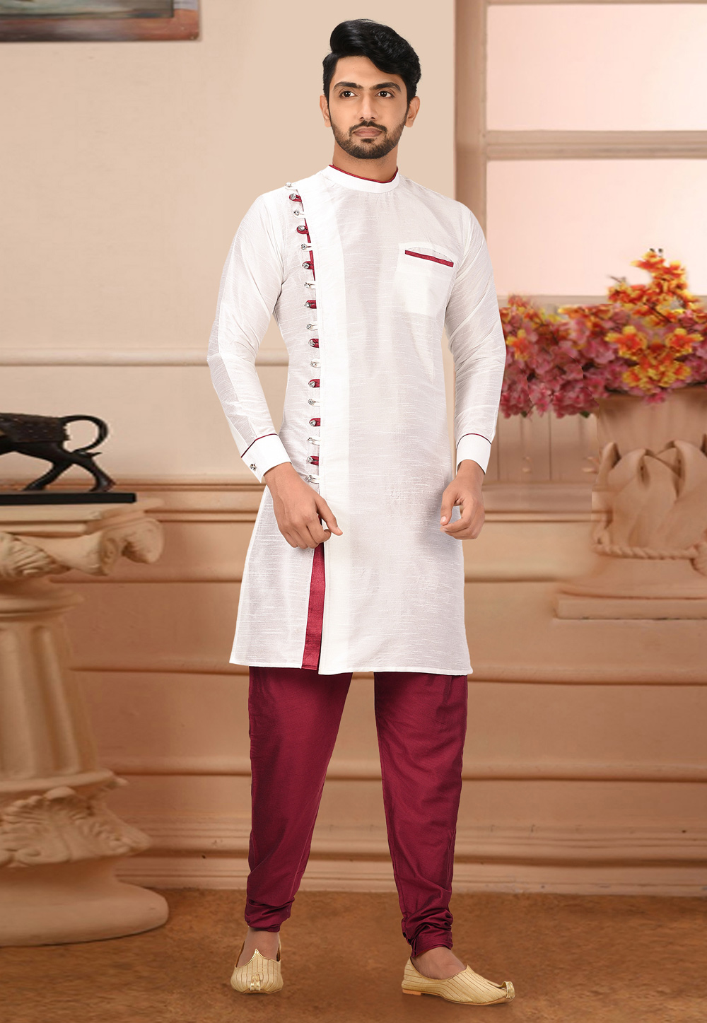 Off White Art Silk Readymade Indo Western Kurta Pajama 210851