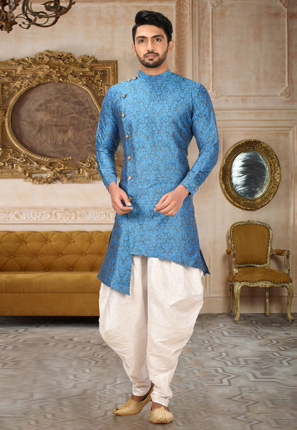 Blue Art Silk Readymade Indo Western Dhoti Kurta 210852