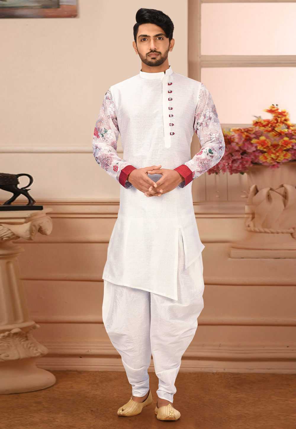 Off White Art Silk Readymade Indo Western Dhoti Kurta 210865
