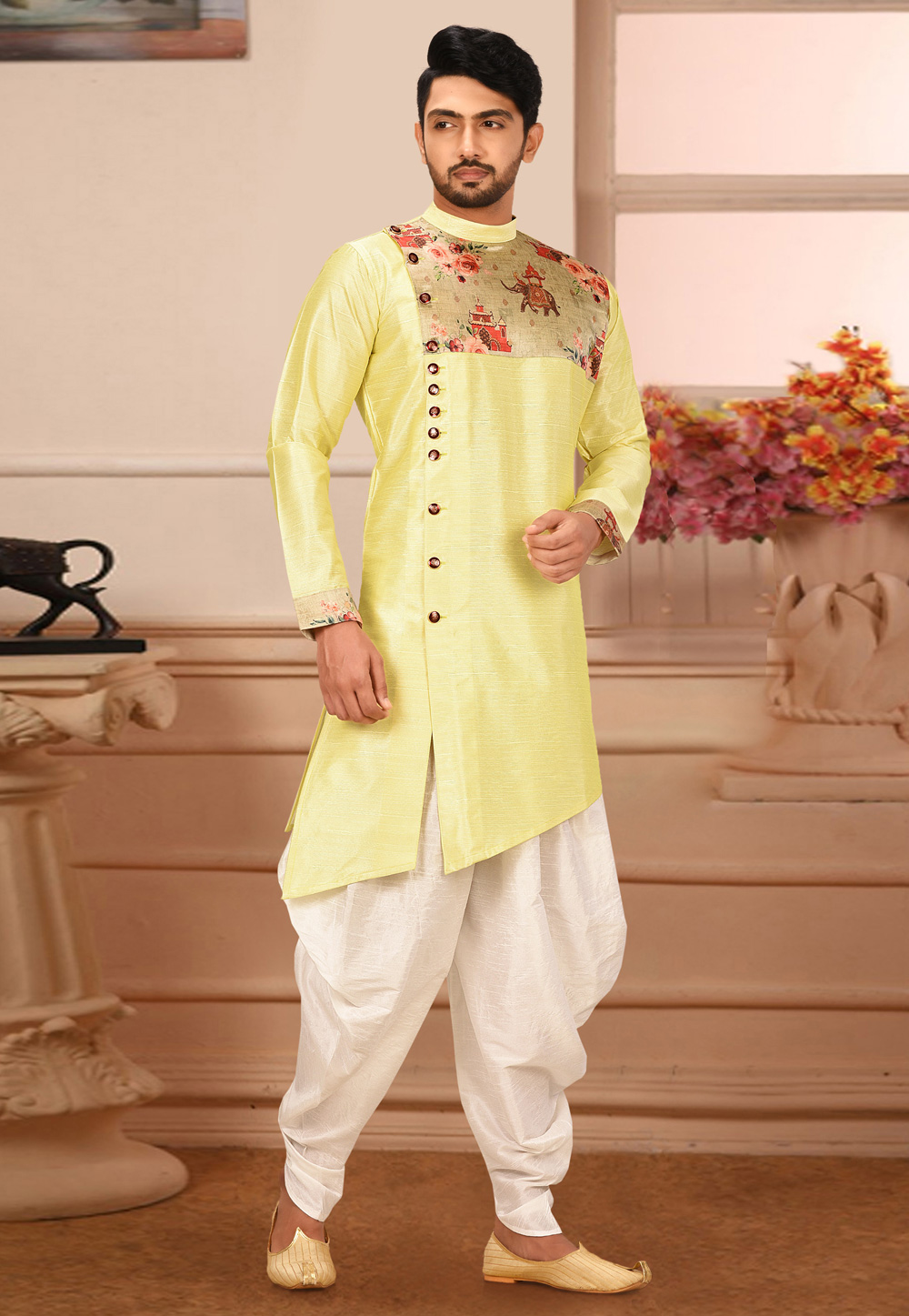 Yellow Art Silk Readymade Indo Western Dhoti Kurta 210866