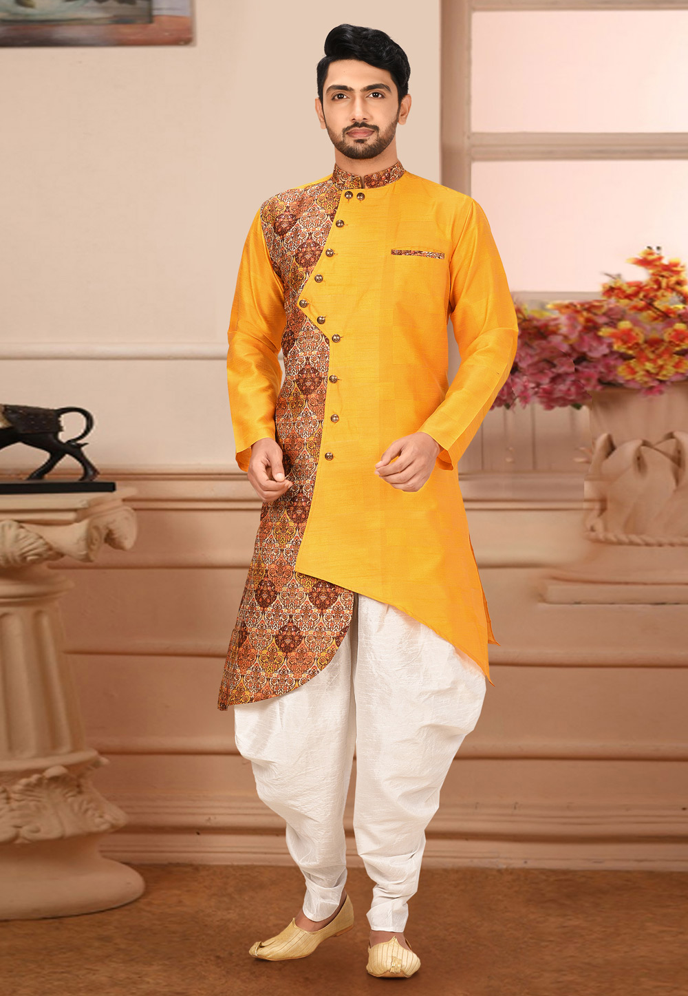 Orange Art Silk Readymade Indo Western Dhoti Kurta 210872