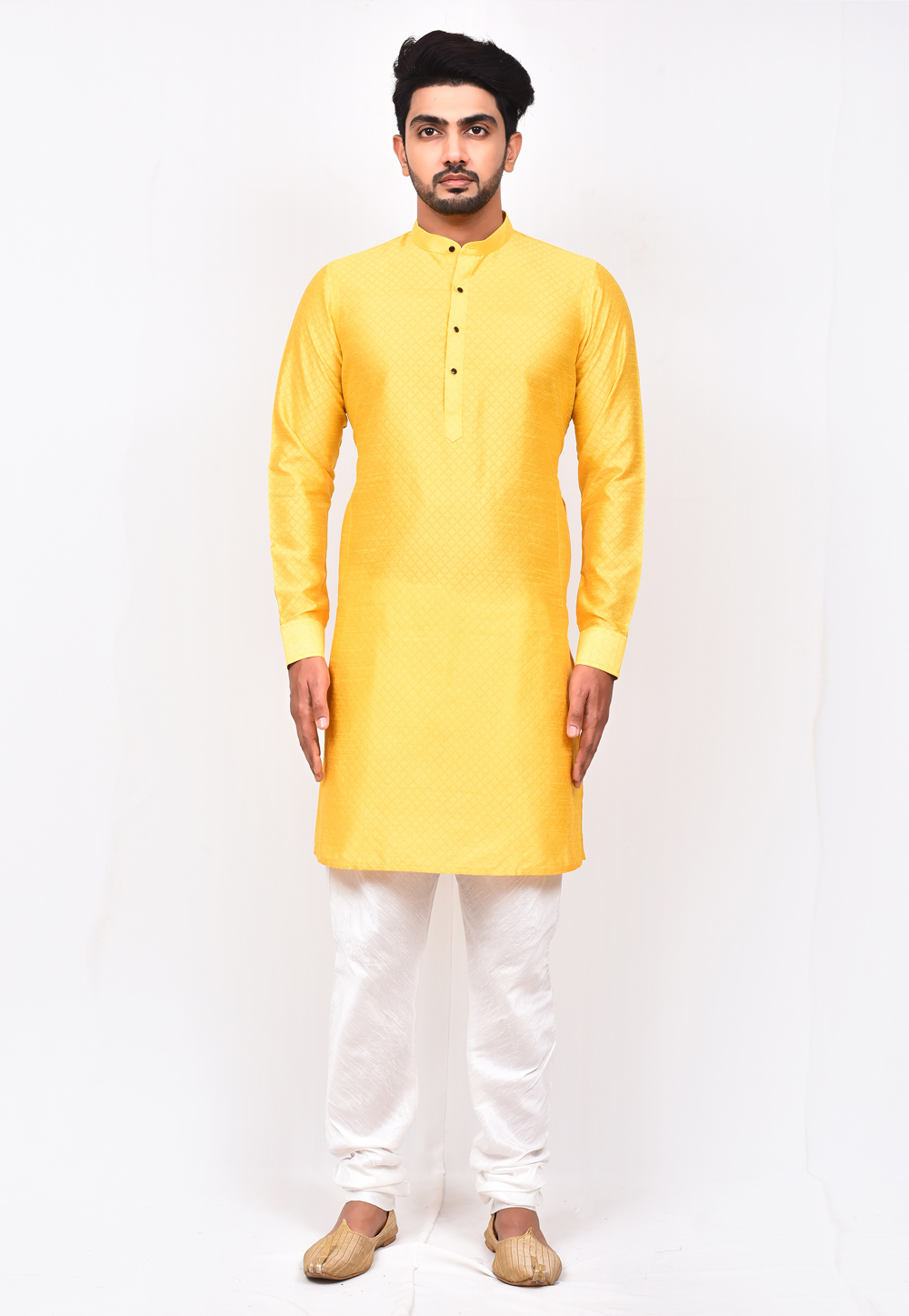 Yellow Jacquard Silk Kurta Pajama 244606