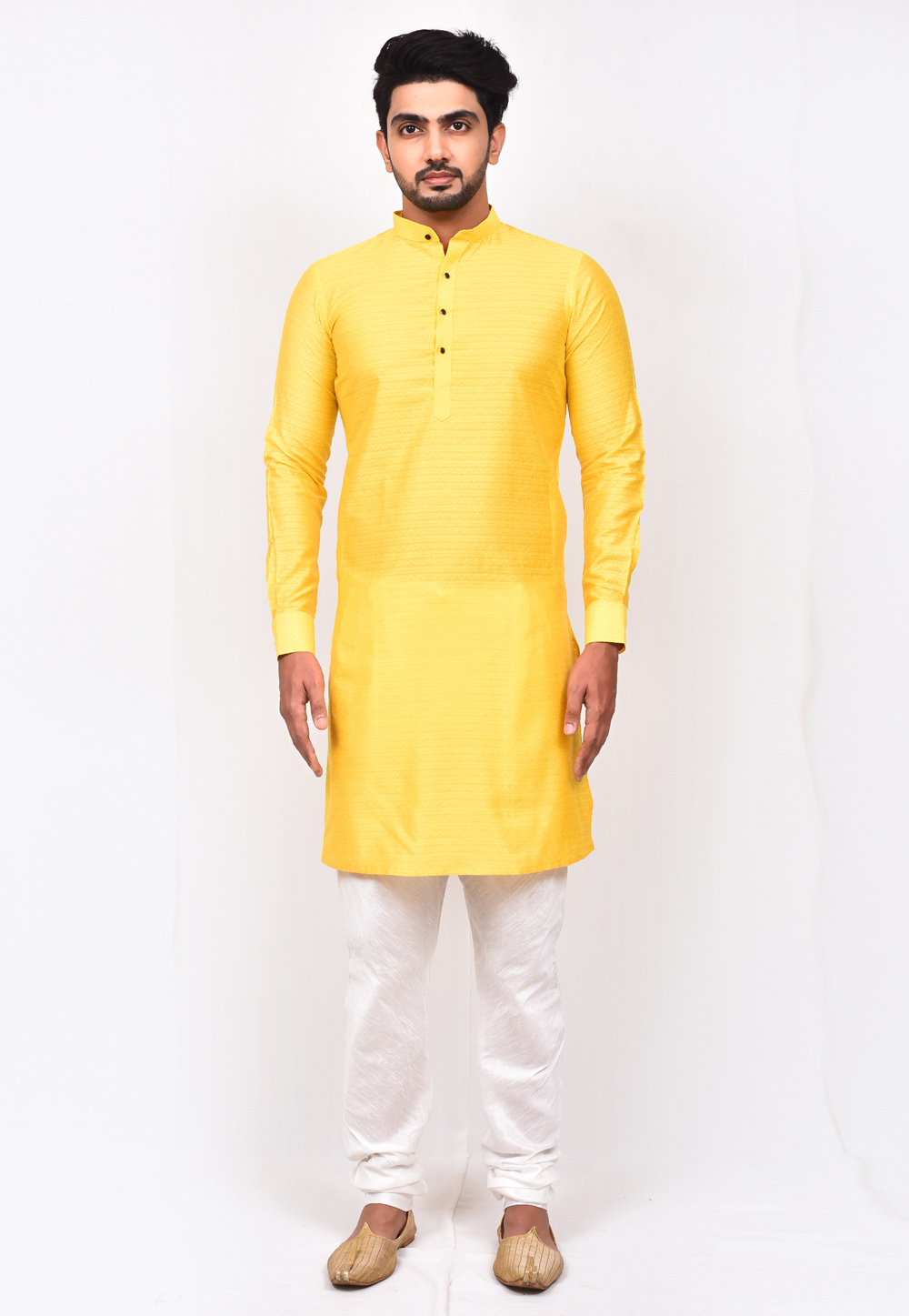 Yellow Jacquard Silk Kurta Pajama 244610