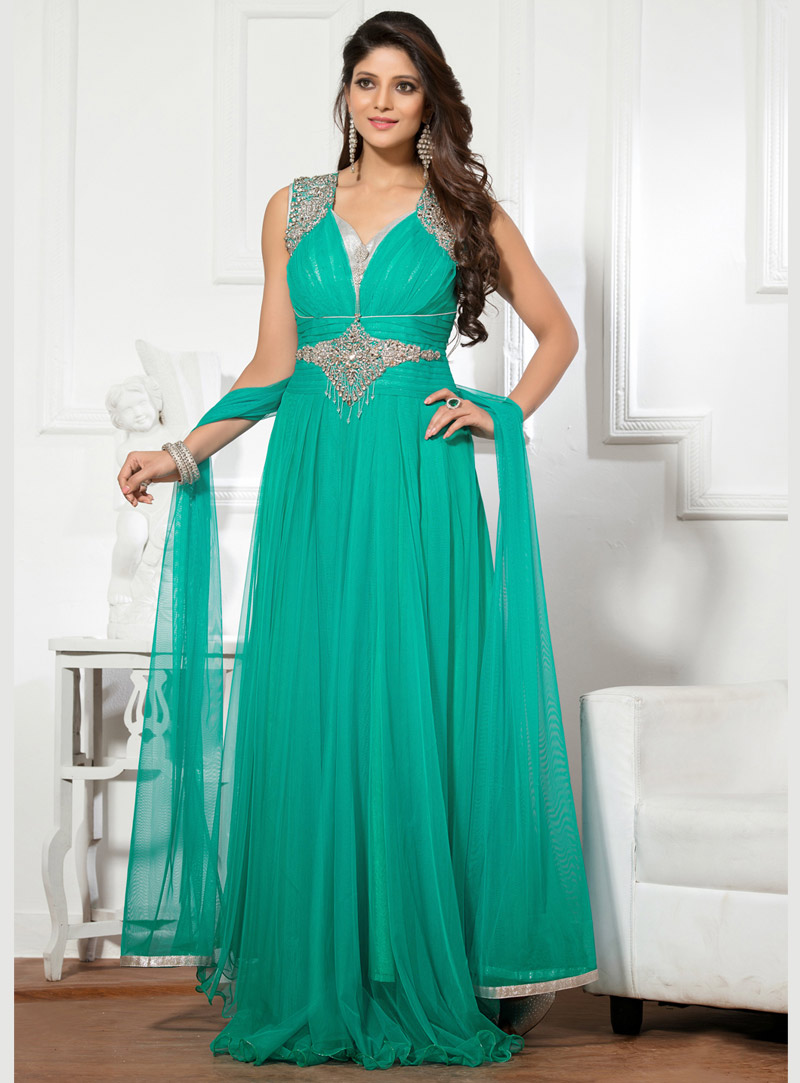 Sea Green Net Designer Gown 48242