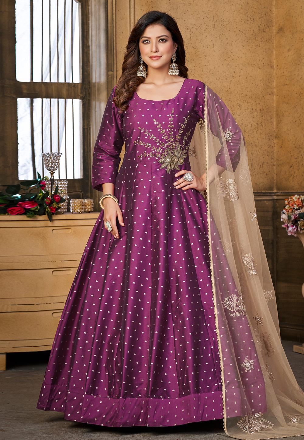 Purple Taffeta Readymade Long Anarkali Suit 269166