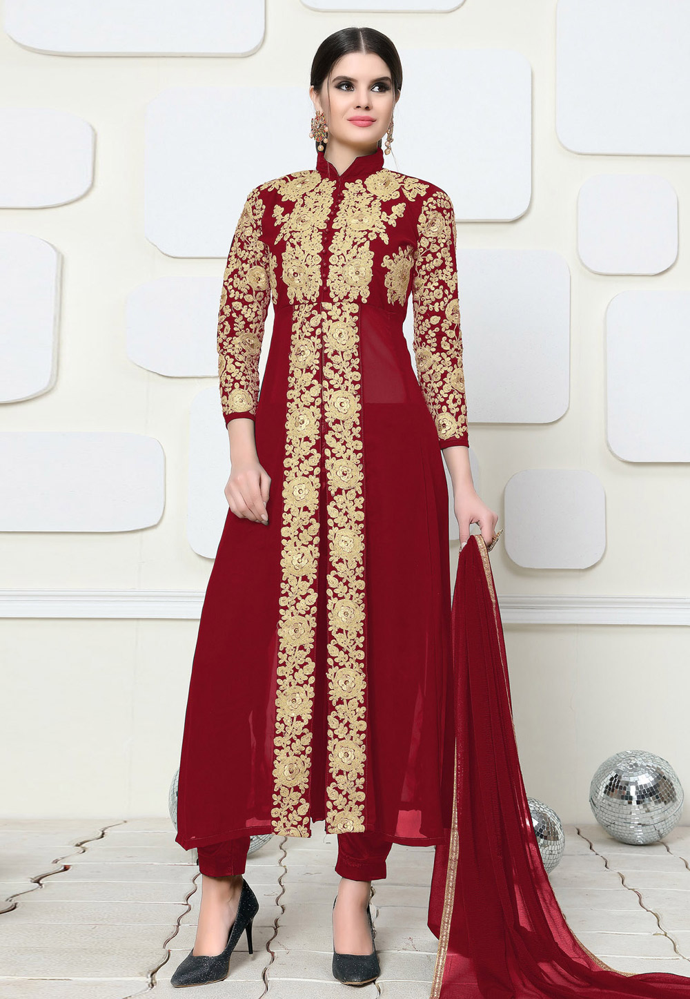 Red Faux Georgette Pant Style Suit 159898
