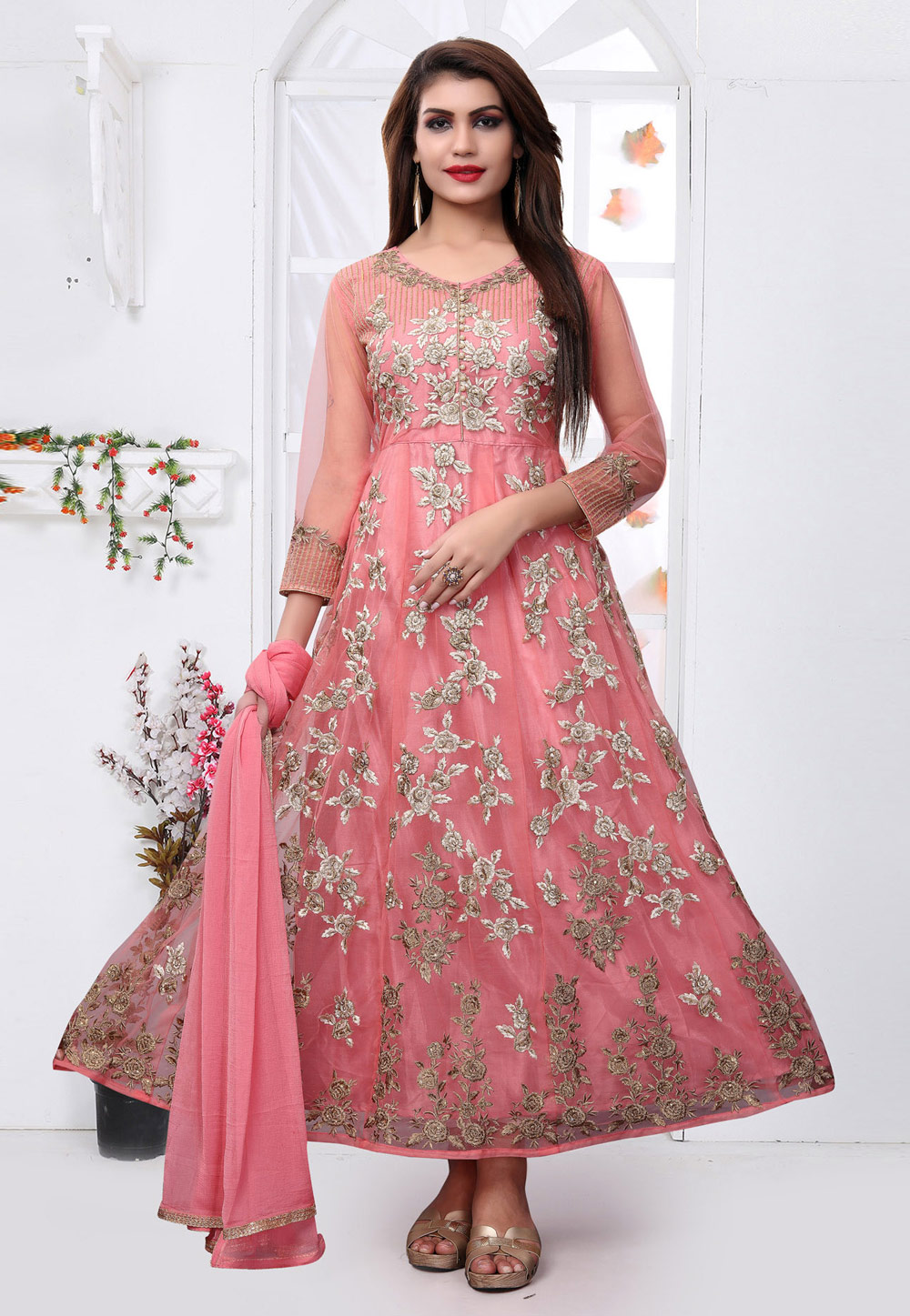 Pink Net Embroidered Anarkali Suit 160063