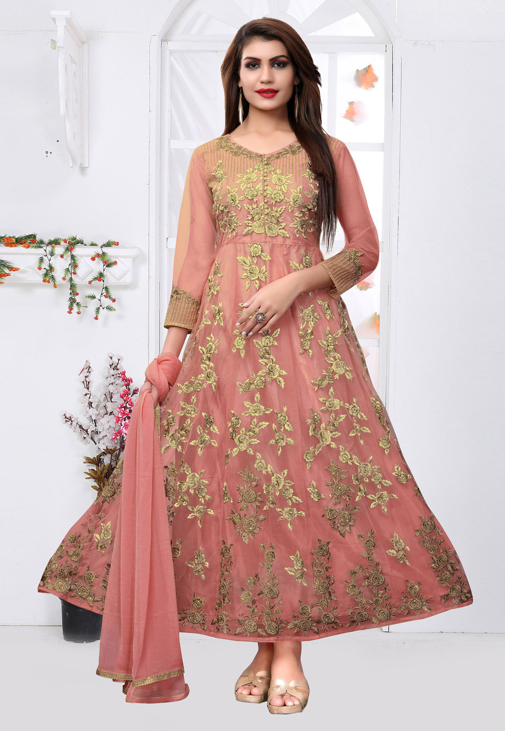 Pink Net Embroidered Anarkali Suit 160067