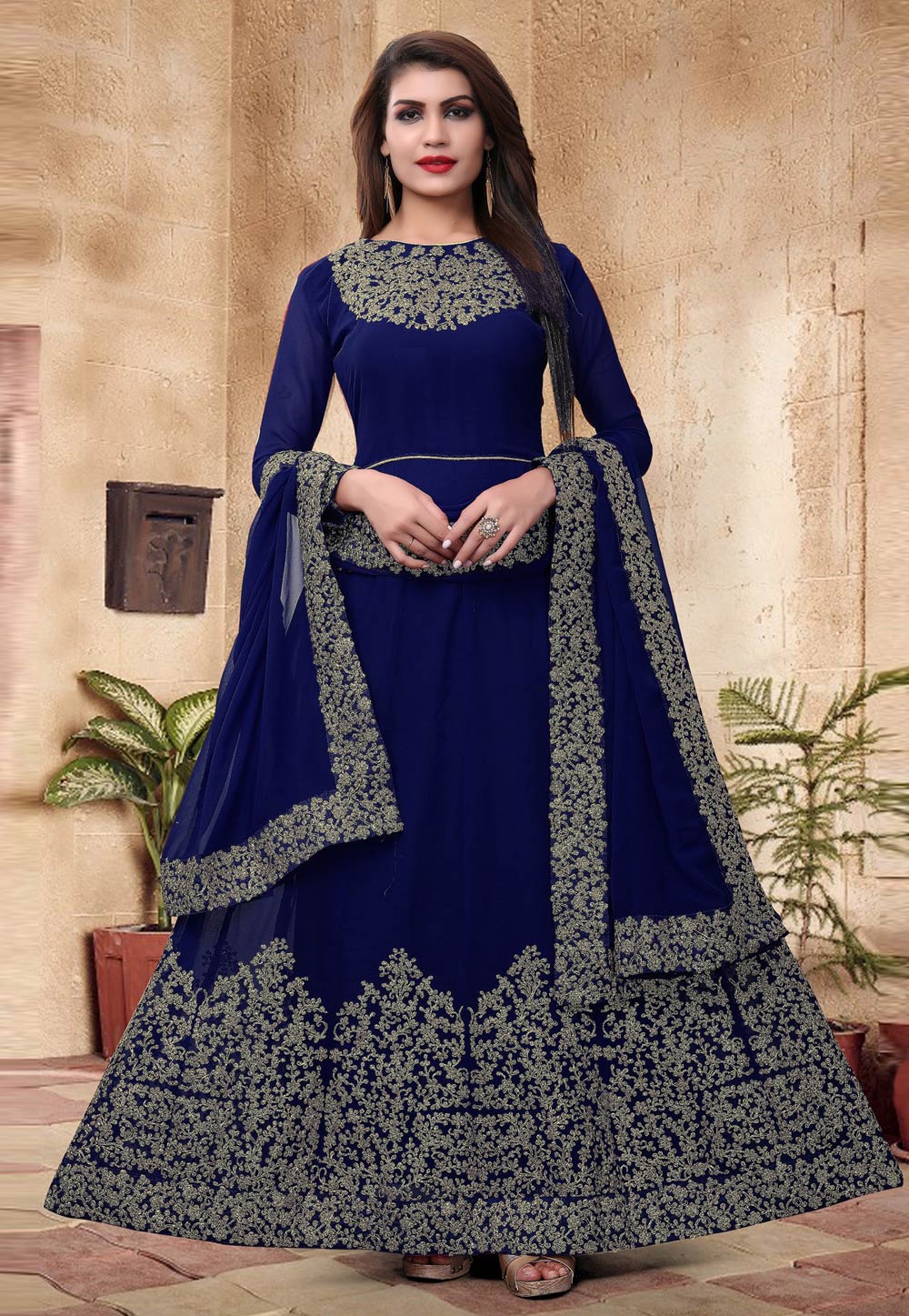 Blue Faux Georgette Abaya Style Anarkali Suit 157578