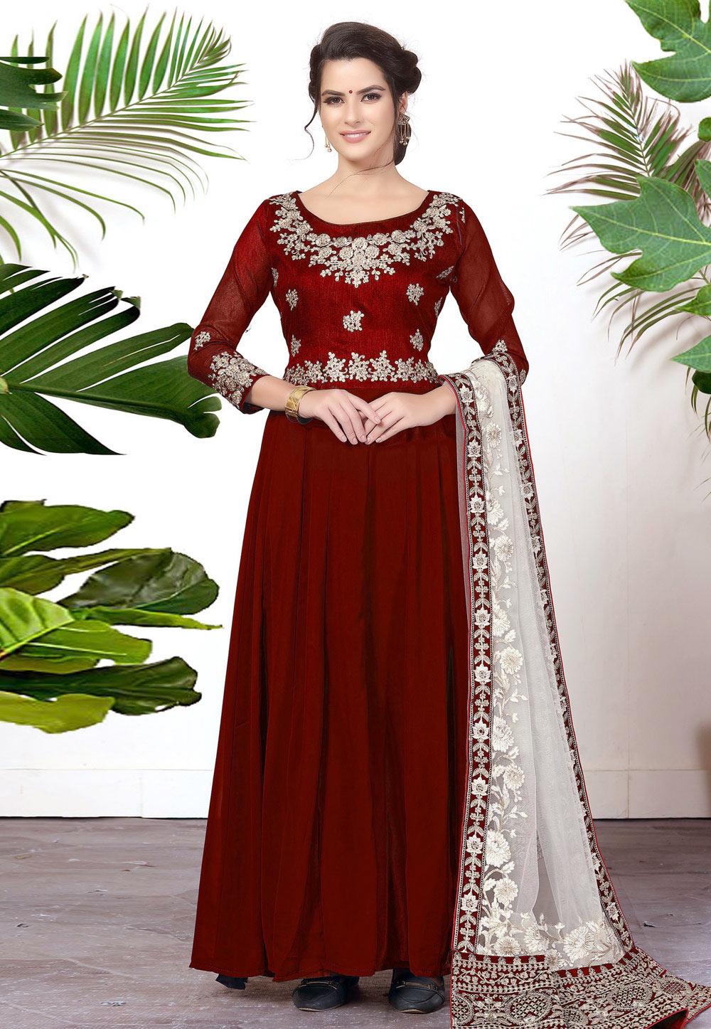 Maroon Faux Georgette Embroidered Long Anarkali Suit 175532