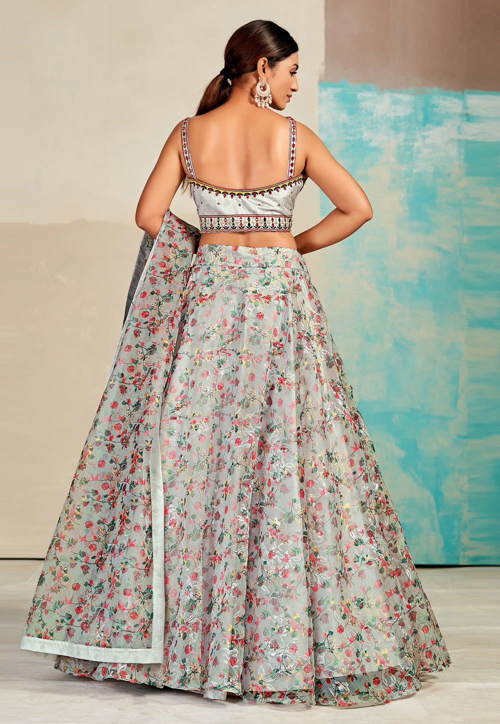 Floral Printed Lehenga In Off White Color