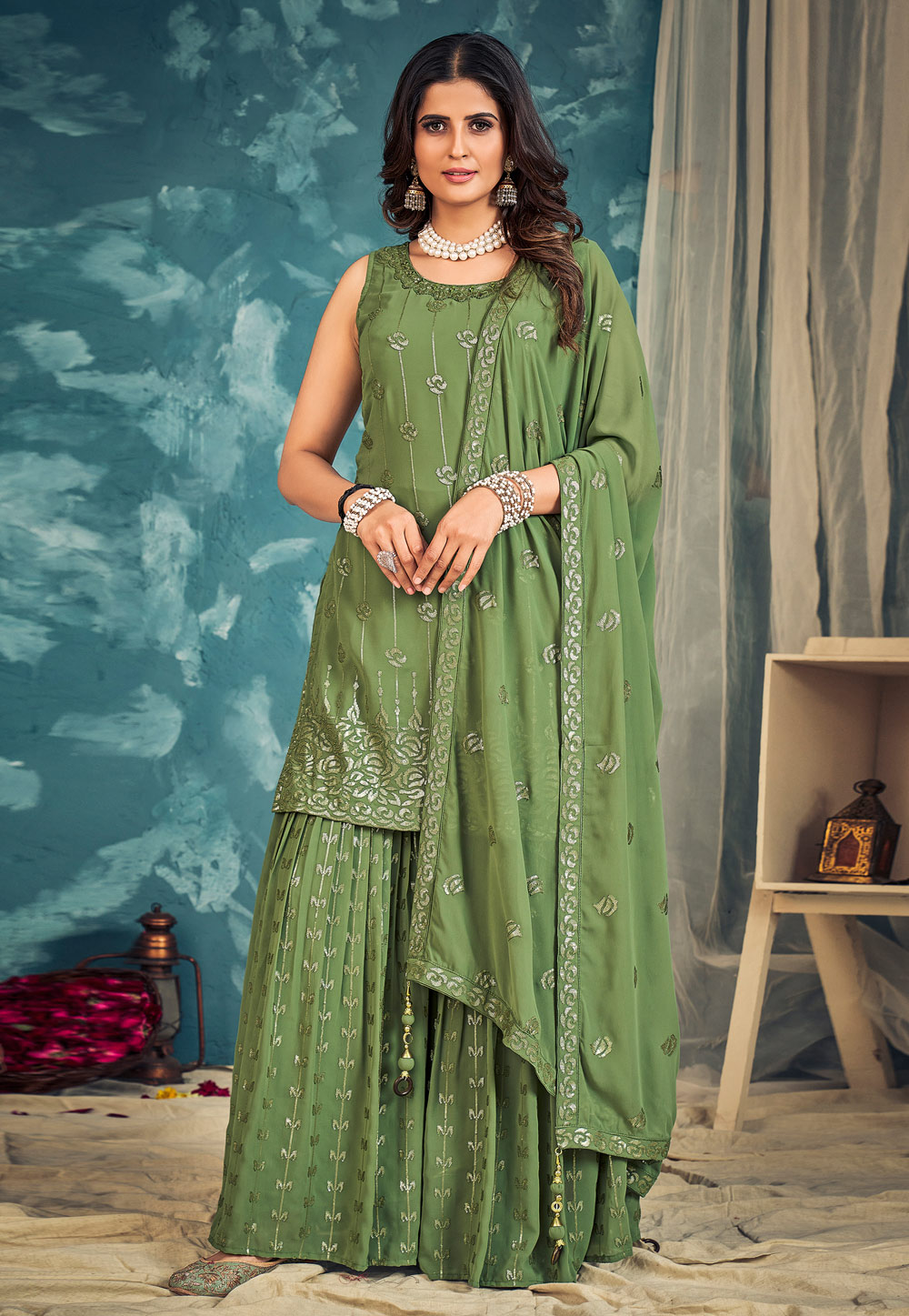 Green Georgette Readymade Sharara Suit 261966