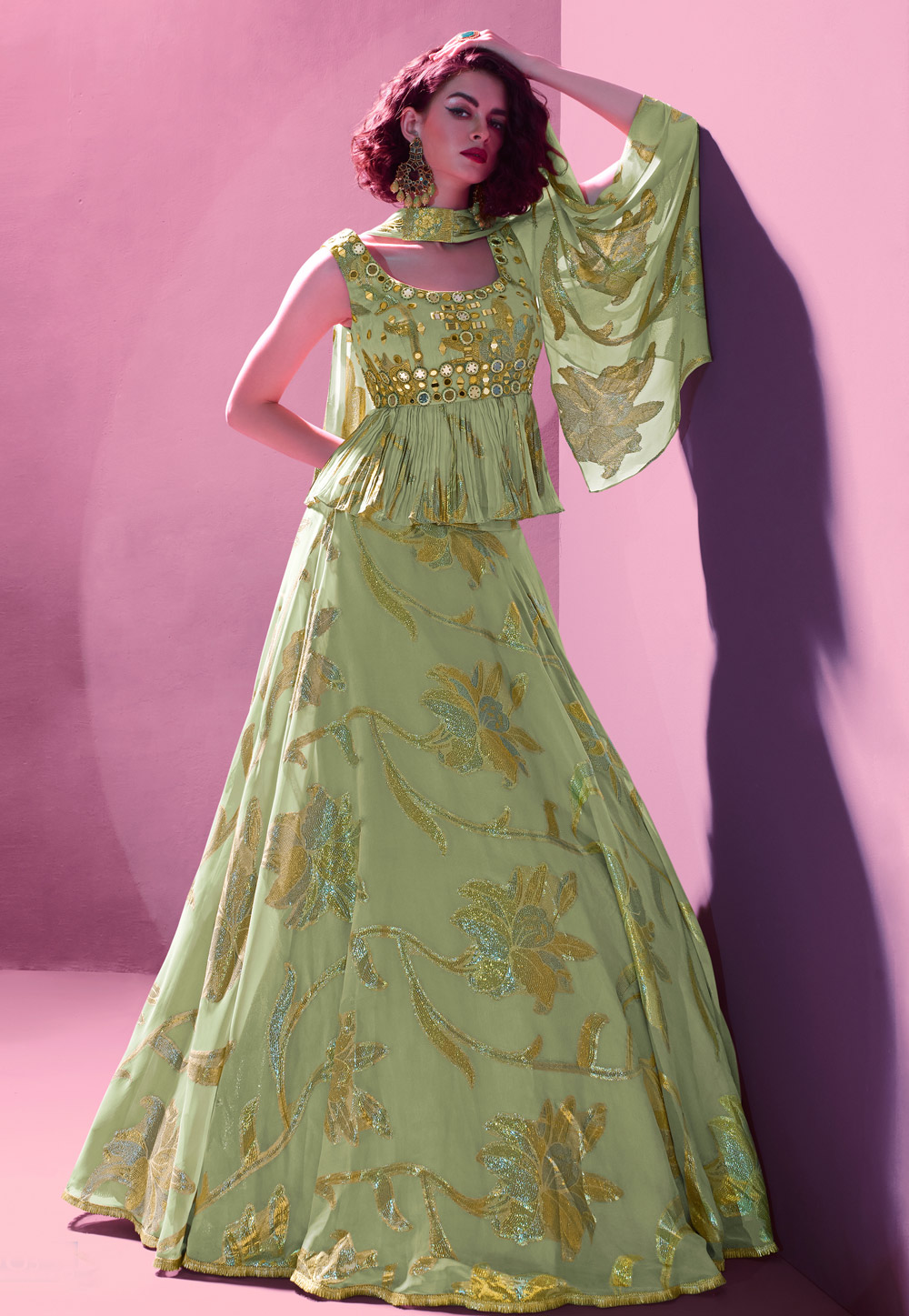 Light Green Jacquard Indo Western Lehenga Choli 268949