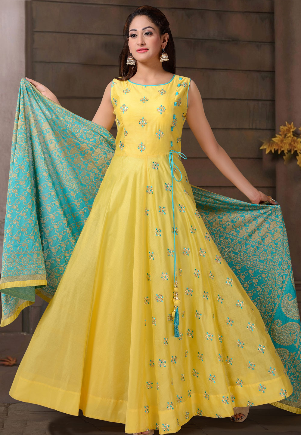 Yellow Chanderi Readymade Ankle Length Anarkali Suit 175801