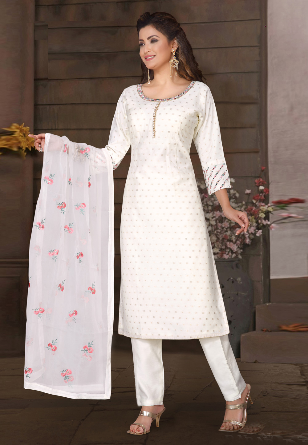 White Art Silk Readymade Pant Style Suit 200307