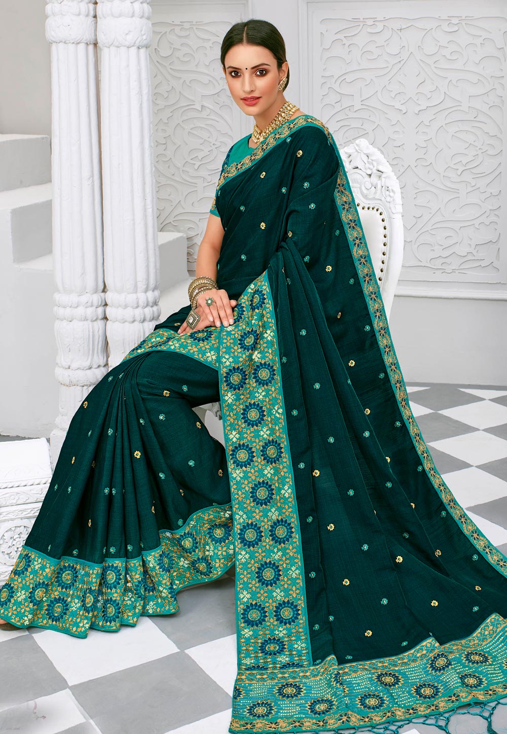 Dark Green Art Silk Saree With Blouse 207099