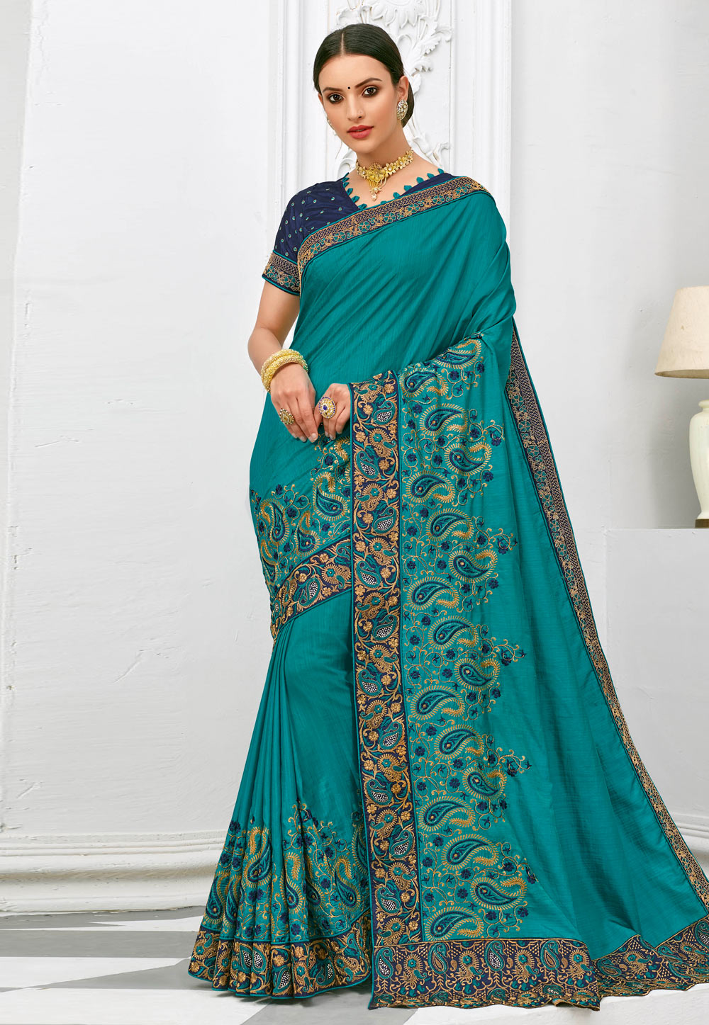 Turquoise Art Silk Saree With Blouse 207107