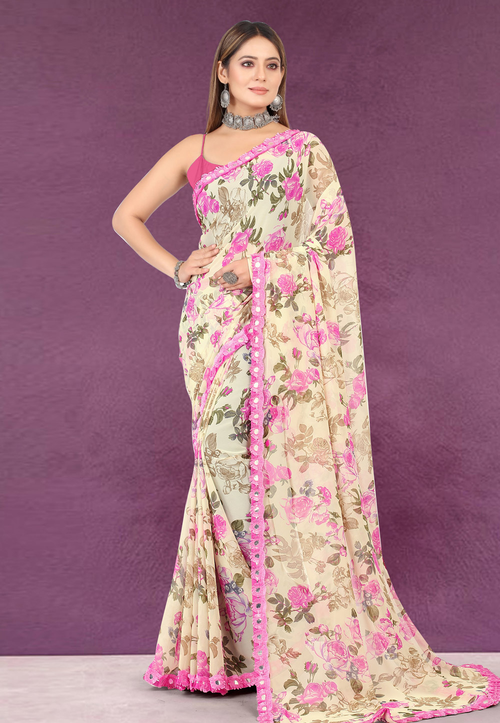 Cream Georgette Saree With Blouse 268748