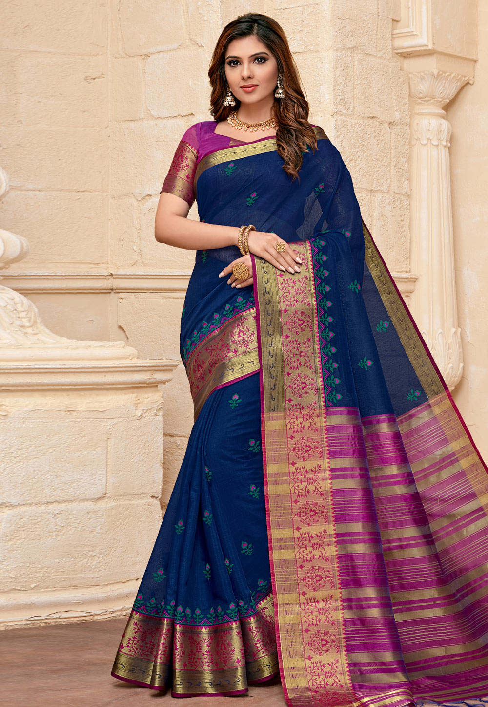 Navy Blue Cotton Saree With Blouse 205801
