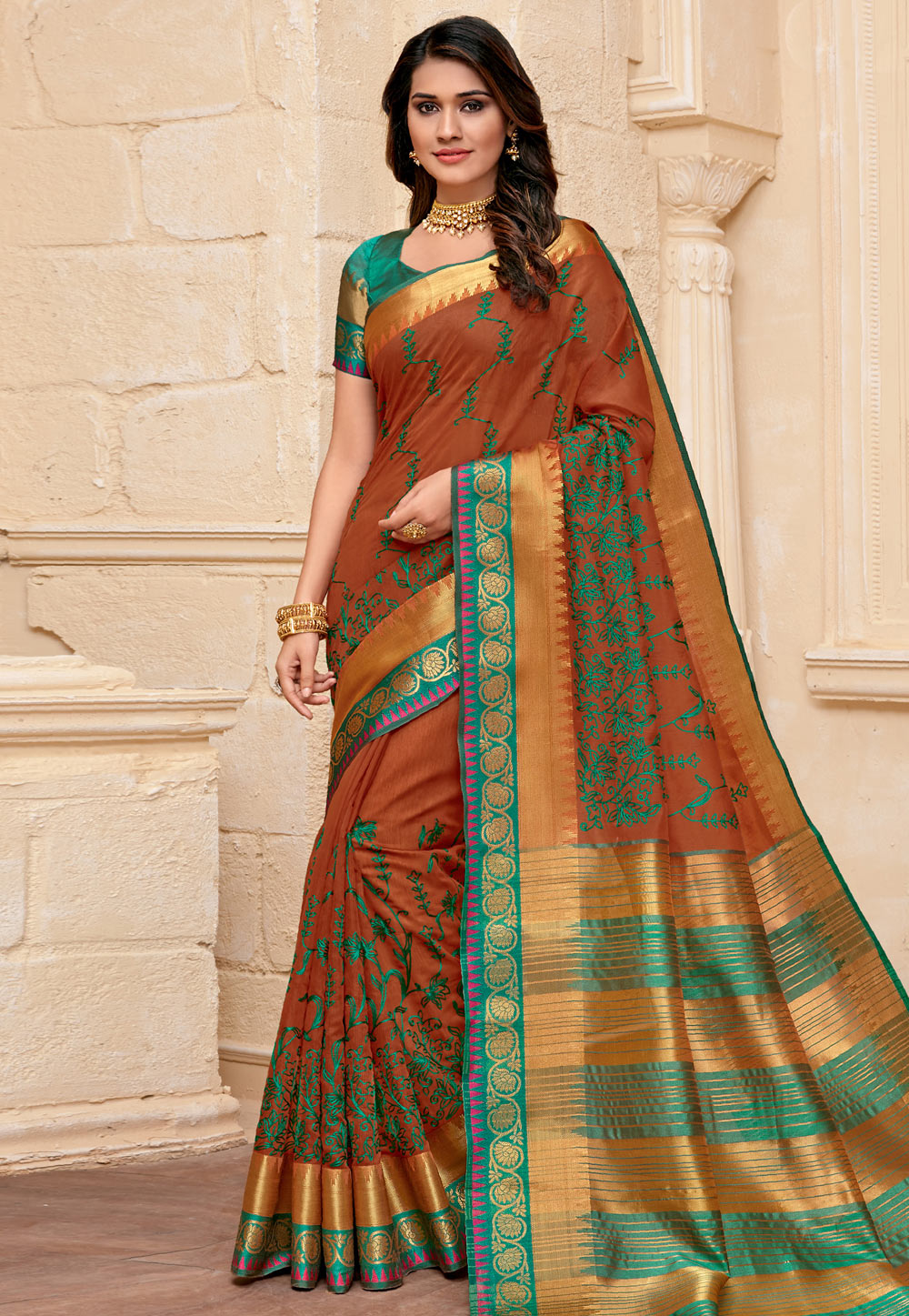 Rust Cotton Saree With Blouse 205817