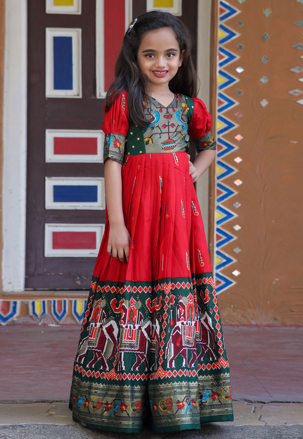 Red Silk Readymade Kids Gown 261578